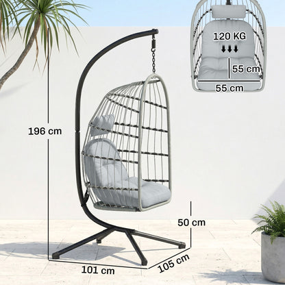 Hanging Egg Chair with Stand | 15cm Cushion, Headrest & Safety Strap | Foldable | 120kg | Light Grey