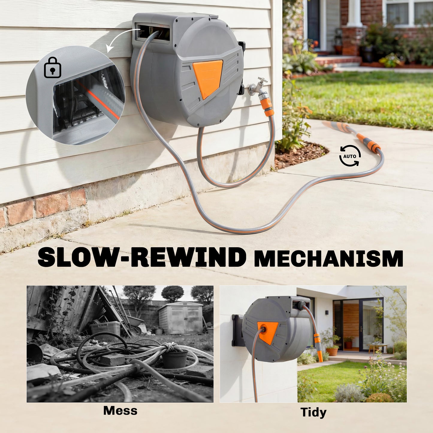 Wall Mounted Retractable Garden Hose Reel | 40+2m | Auto Retract & Self-Locking | 180° Swivel Bracket | Dual Spray Modes | 8 Bar Working Pressure | 61x26x43cm | Orange