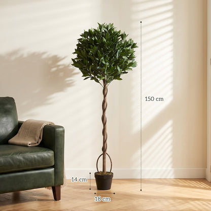 Set of 2 Artificial Bay Laurel Topiary Trees | 1209 PE Leaves | Twisted Trunk | Bendable Branches | UV-Resistant | Weighted Cement Pots | Indoor & Outdoor | 50 x 150cm | Green