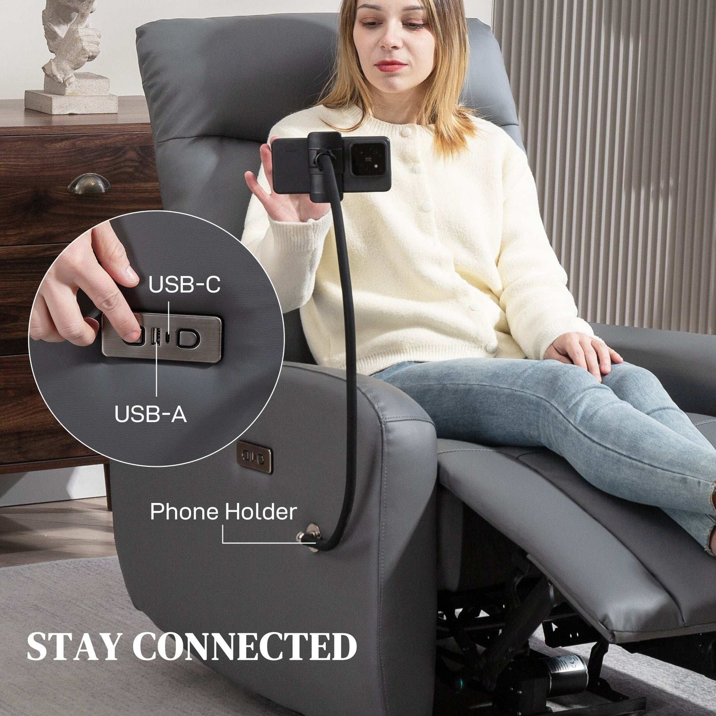 Electric Recliner Armchair with USB + Type C Charge Port, Phone Holder, PU Leather Reclining Chair for Home, Grey