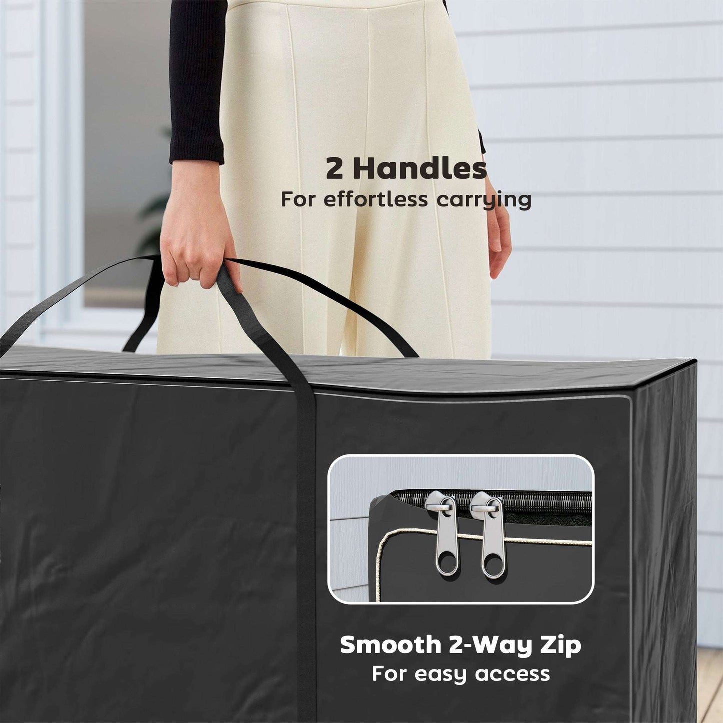 720L Garden Cushion Storage Bag | 600D Oxford PU Coated | 2000mm Waterproof & UPF30+ | Two-Way Zip with Flaps | 2 Handles | Folds Flat | 100kg Max Load | 175x55x75cm | Black