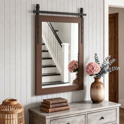 Farmhouse Wall Mirror | 86.5H x 61W cm | Rectangular Tempered Glass & Decorative Barn-Door Detail | Dark Brown / White Oak