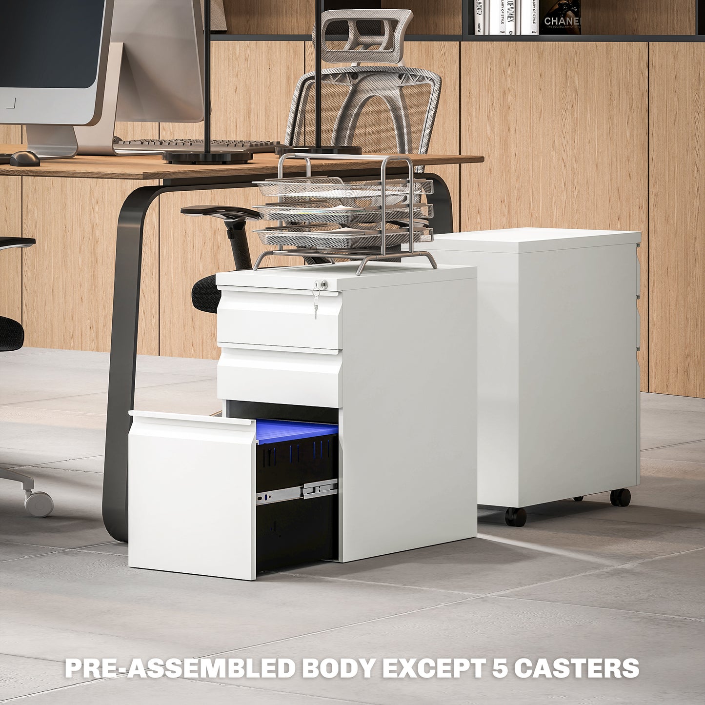 3 Drawer Slim Mobile Steel Filing Cabinet | Under Desk | 30x43.5x60cm | Lockable | A4 Legal Letter | Pencil Tray | 5 Casters Anti-Tip | Printer Stand | 30kg | White