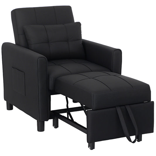 3-In-1 Convertible Chair Bed, Pull Out Sleeper Chair with Adjustable Backrest, Side Pockets, Black