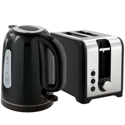 Simple Polished Toaster and Kettle Set - Silver Tone / Black Tone