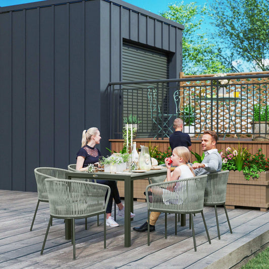 Rattan Dining 6 Seater Garden Furniture Set W/ Acacia Wood Top Rectangle Table, 6 Chairs for Outdoor, Patio, Conservatory, Grey