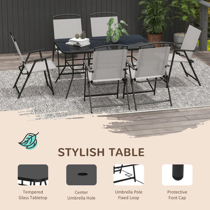 Outsunny 7 Pieces Metal Garden Furniture Set with Folding Chairs, Patio Dining Set, 6 Seater Outdoor Table and Chairs with Tempered Glass Top, Grey
