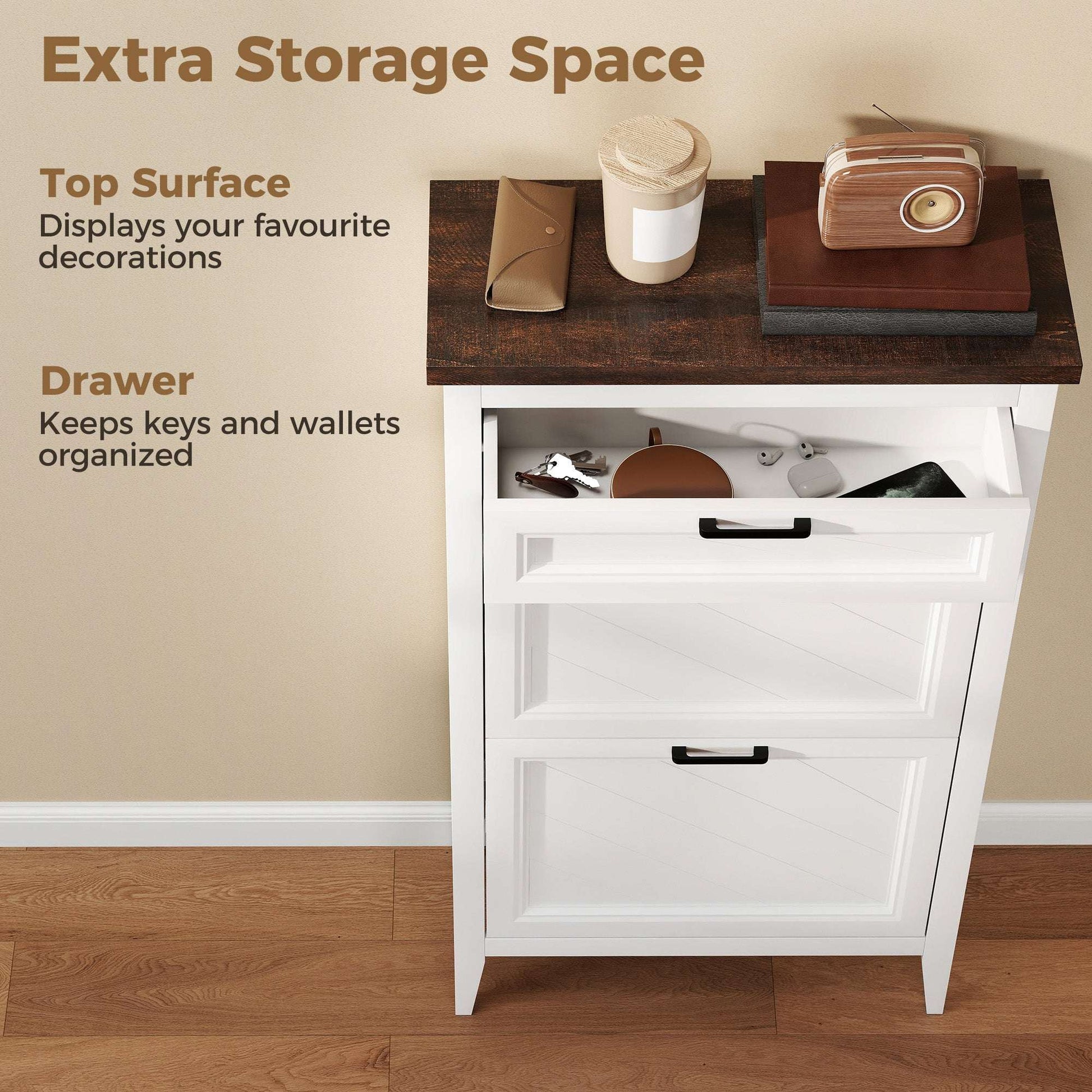 Farmhouse Narrow Shoe Cabinet | 2 Flip Drawers & Top Drawer | Adjustable Shelves | 8-12 Pairs | Slim 26.5cm Depth | Max UK 9.5 | Anti-Tipping | MDF | 60x26.5x108.5cm | White