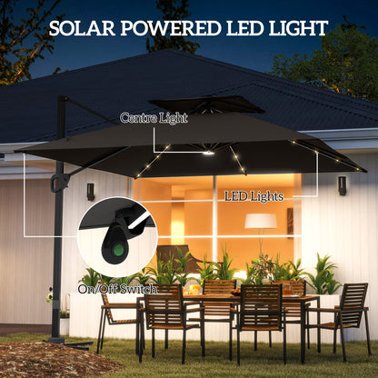 Outsunny 3.5x3 m Garden Cantilever Parasol with Solar LED Lights and Centre Light, Aluminium Large Square Patio Umbrella, UPF50+ Hanging Sun Shade with Cross Base
