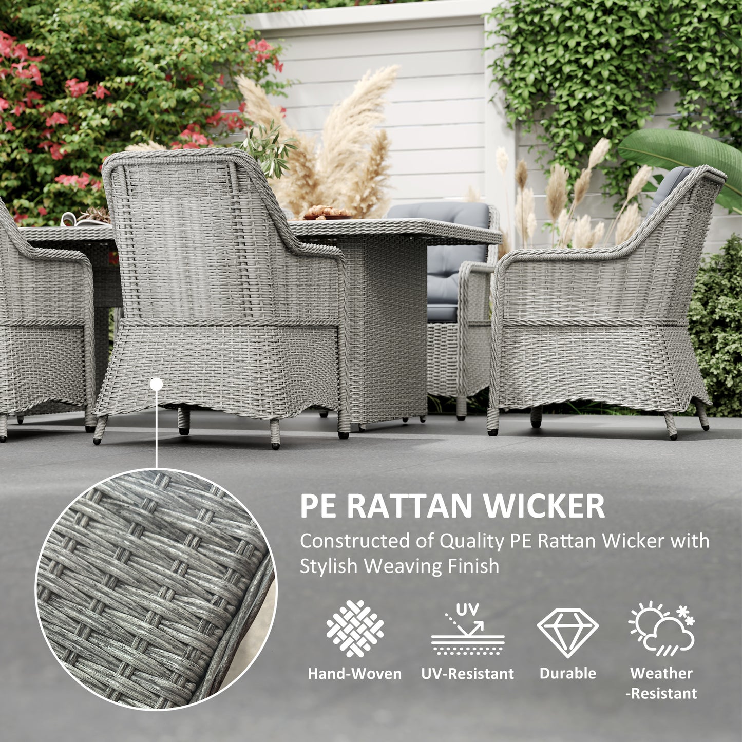6 Seater Rattan Dining Set, Round PE Rattan Garden Furniture Set with Seat and Back Cushions, Aluminium Outdoor Dining Table and Chairs with 6 Armchairs