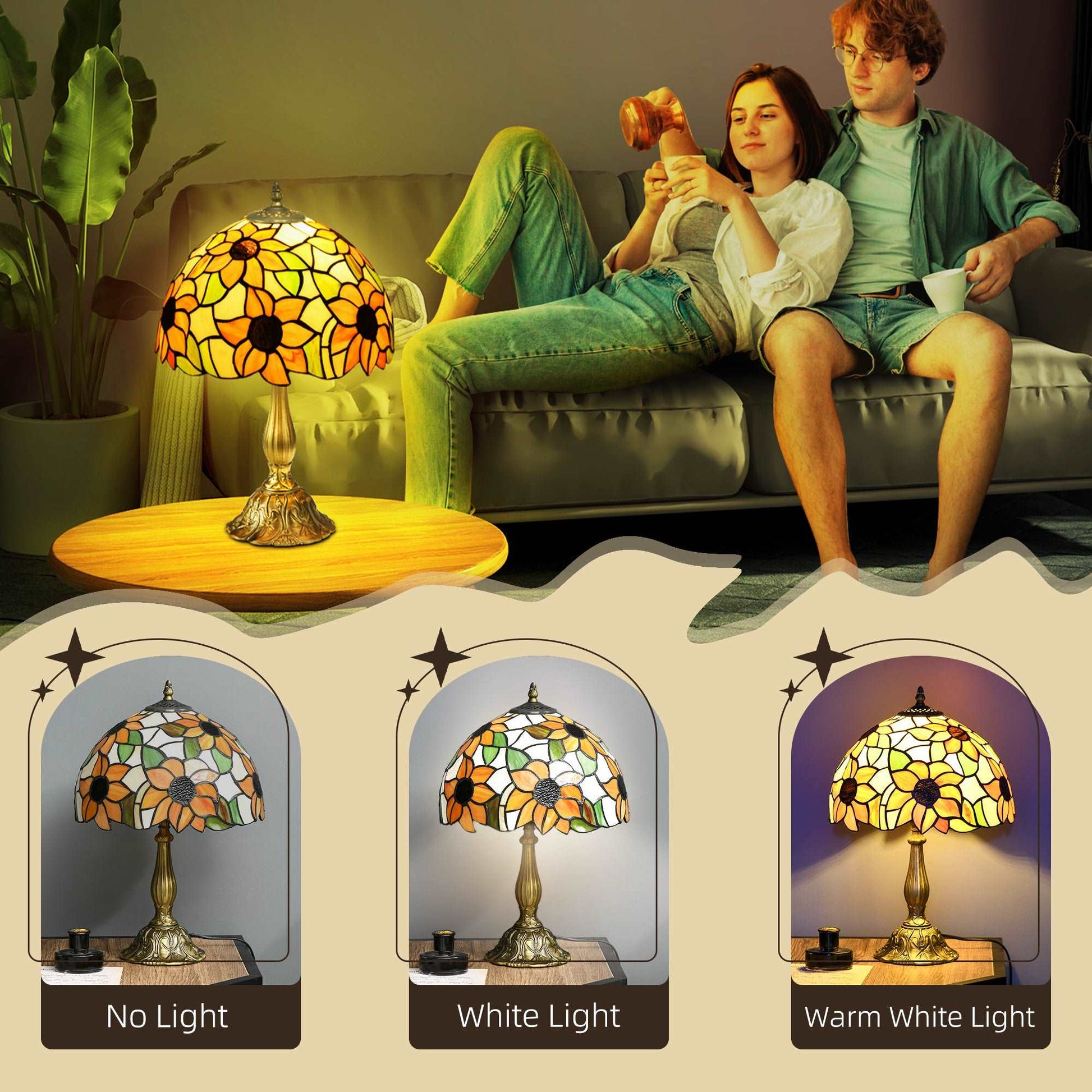 Stained Glass Table Lamp, Handmade Antique Style Bedside Lamp for Bedroom, Living room, Home, Nightstand, Decorative Night Light, Orange Sunflower