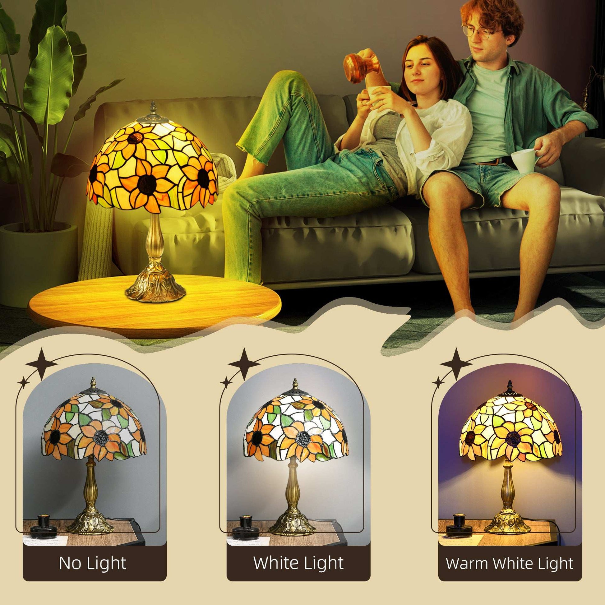 Stained Glass Table Lamp, Handmade Antique Style Bedside Lamp for Bedroom, Living room, Home, Nightstand, Decorative Night Light, Orange Sunflower