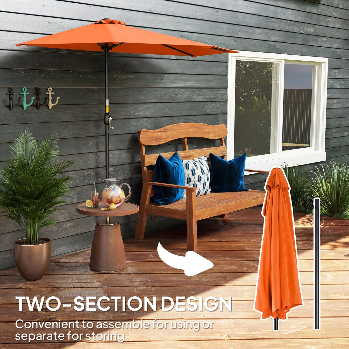 Half Round Wall Parasol Umbrella | UV & Splash Resistant Polyester | Powder-Coated Metal Frame | Crank Handle | Ideal for Balcony Patio & Small Gardens | 269x138x236cm | Orange