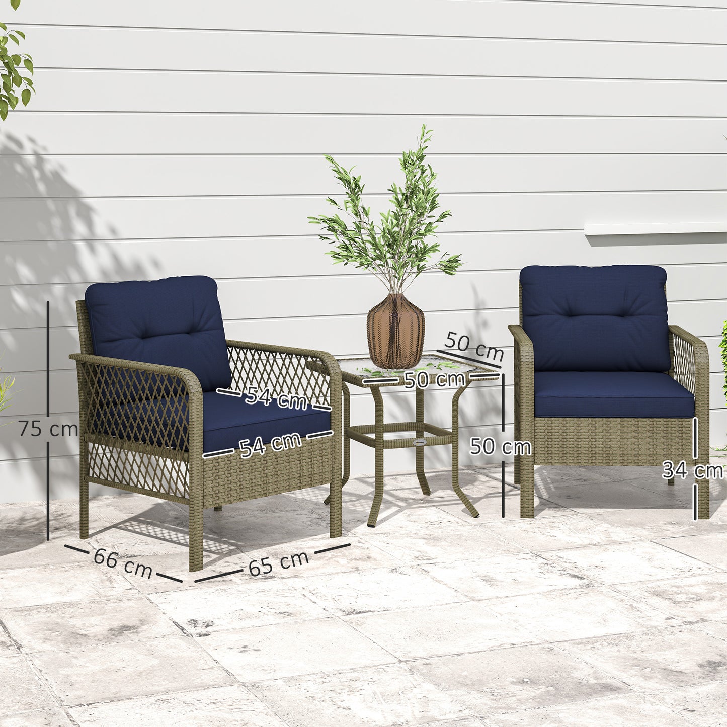 3 Pieces Rattan Bistro Set with Glass Top Coffee Table, Chairs and Cushions for Outdoor, Patio, Balcony, Charcoal Grey