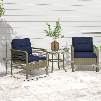 3 Pieces Rattan Bistro Set with Glass Top Coffee Table, Chairs and Cushions for Outdoor, Patio, Balcony, Charcoal Grey
