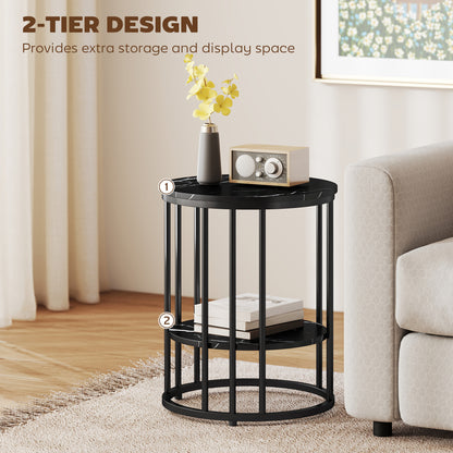 Set of 2 Marble-Effect Nest of Coffee Tables | 2-Tier Each | Adjustable Feet | Steel Frame | 45kg | Use Together or Separately | Black