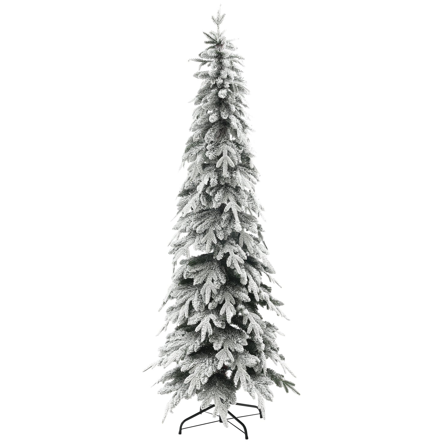 7ft Pencil Artificial Christmas Tree, Snow Flocked Xmas Tree with Downswept Branches and 800 Tips, Auto Open, Steel Base, Holiday Decoration for Home Office, Green