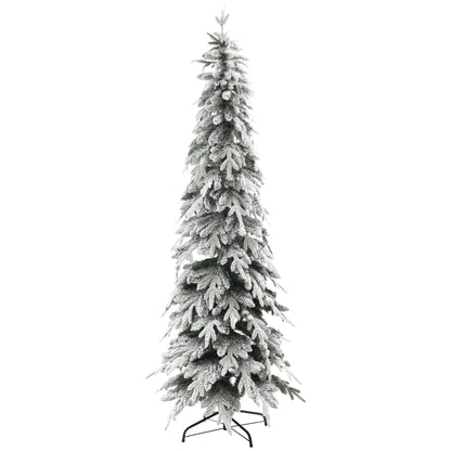 7ft Pencil Artificial Christmas Tree, Snow Flocked Xmas Tree with Downswept Branches and 800 Tips, Auto Open, Steel Base, Holiday Decoration for Home Office, Green