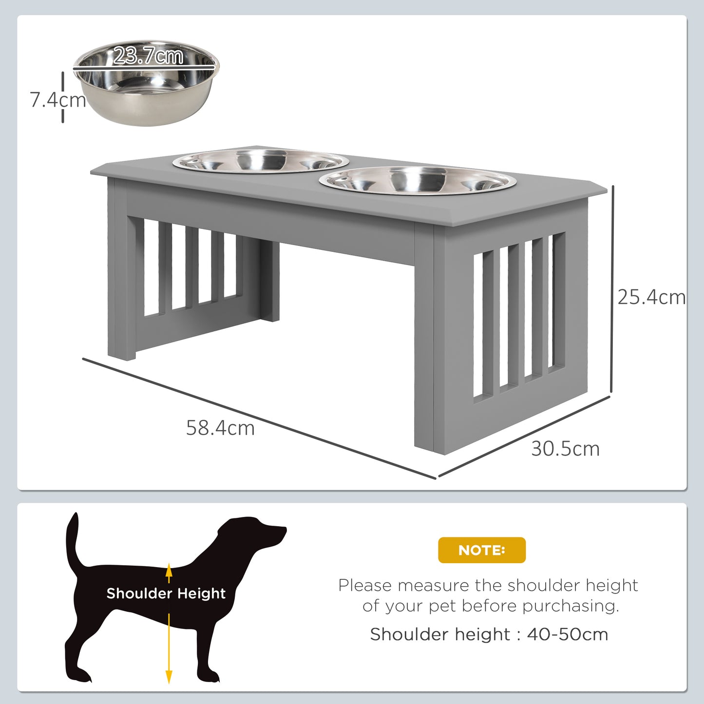PawHut Raised Dog Feeding Bowls with Stand, Stainless Steel for Small and Medium Dog, 58L x 31W x 25H cm - Grey