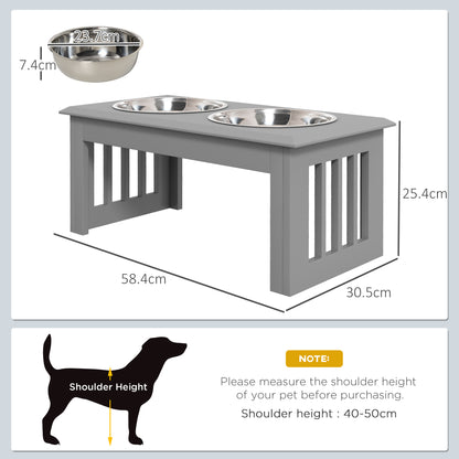 PawHut Raised Dog Feeding Bowls with Stand, Stainless Steel for Small and Medium Dog, 58L x 31W x 25H cm - Grey