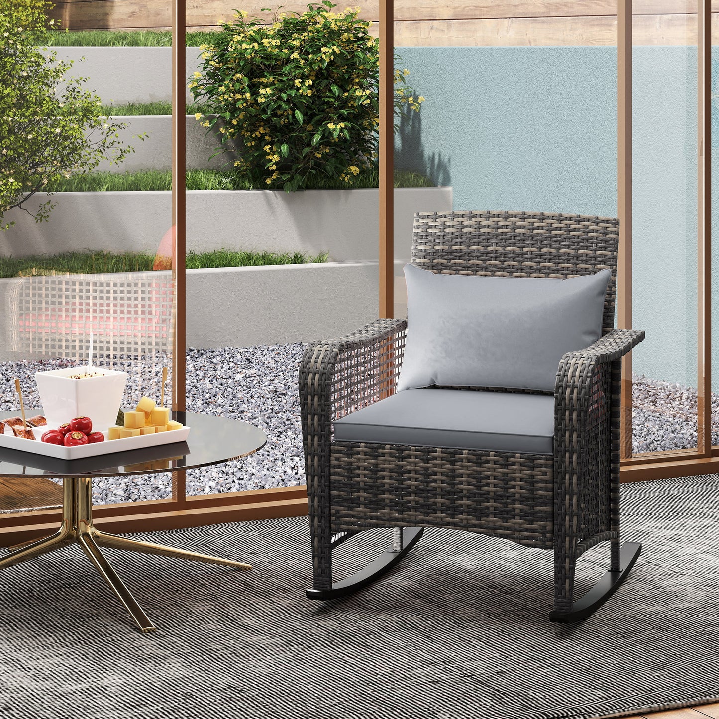 Garden Rocking Chair, Outdoor Rattan Rocker Lounge Chair with Seat and Back Cushions with All-weather Wicker, Steel Frame for Porch Balcony, Light Grey