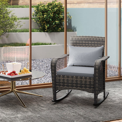 Garden Rocking Chair, Outdoor Rattan Rocker Lounge Chair with Seat and Back Cushions with All-weather Wicker, Steel Frame for Porch Balcony, Light Grey