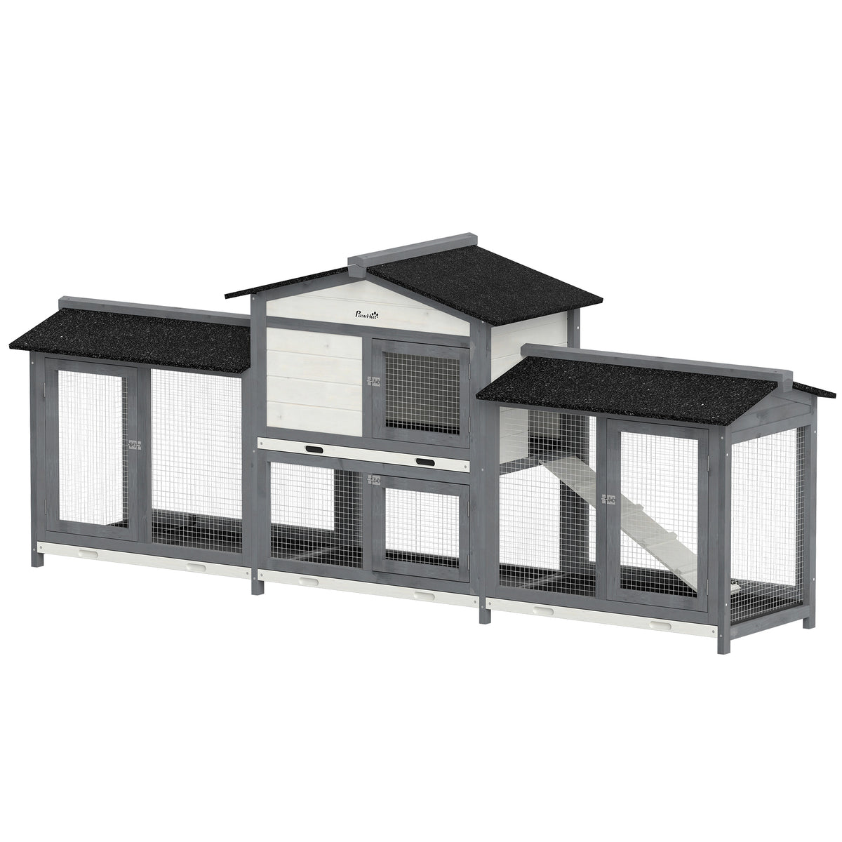 2-Tier Large Rabbit Hutch | Outdoor | Double Side Run Boxes | No-Leak Tray | Ramp | 230cm | Light Grey