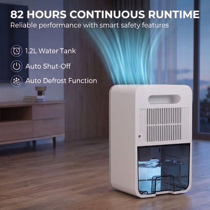 400ml/Day Small Dehumidifier | 7-Colour RGB Mood Light | 43dB Sleep Mode | 1.2L Tank | 2–12H Timer | LED Touch Panel | Auto Shut-Off & Defrost | 15m² | ABS | 15x13.4x24.2cm | White