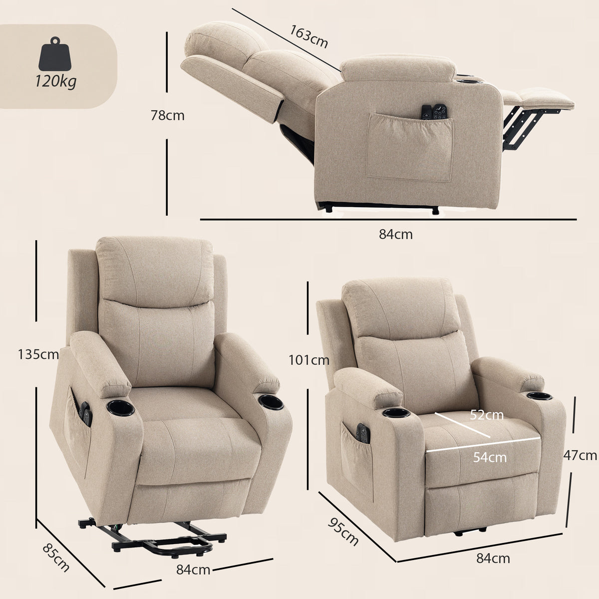 Electric Riser Recliner Chair | 45° Lift, 150° Recline, Massage & Lumbar Heat | USB-A/USB-C, Cup Holders | Beige, Brown or Grey