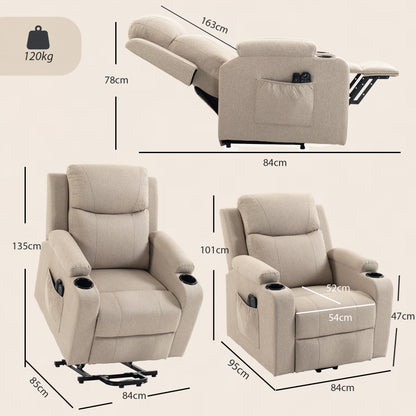 Electric Riser Recliner Chair | 45° Lift, 150° Recline, Massage & Lumbar Heat | USB-A/USB-C, Cup Holders | Beige, Brown or Grey