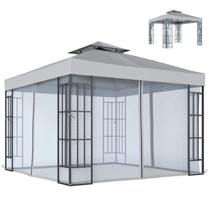 3x3m Permanent Garden Gazebo | 2-Tier Vented Polyester Roof | PA Coating Sun Protection | Removable Mosquito Netting | Solid Steel Frame | 8 Ground Stakes | 297x297x270cm | Eave Height 195cm | Light Grey