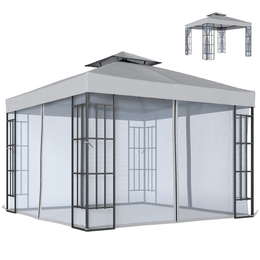 3x3m Permanent Garden Gazebo | 2-Tier Vented Polyester Roof | PA Coating Sun Protection | Removable Mosquito Netting | Solid Steel Frame | 8 Ground Stakes | 297x297x270cm | Eave Height 195cm | Light Grey