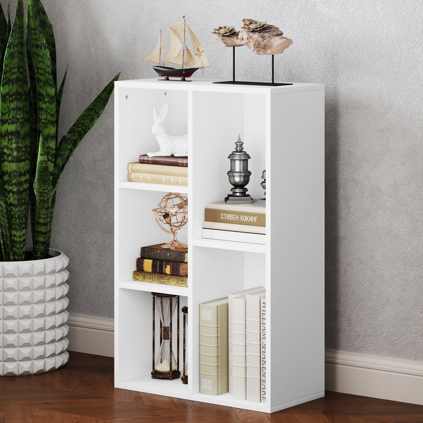 2-Tier Bookshelf with 5 Compartments - White / Black