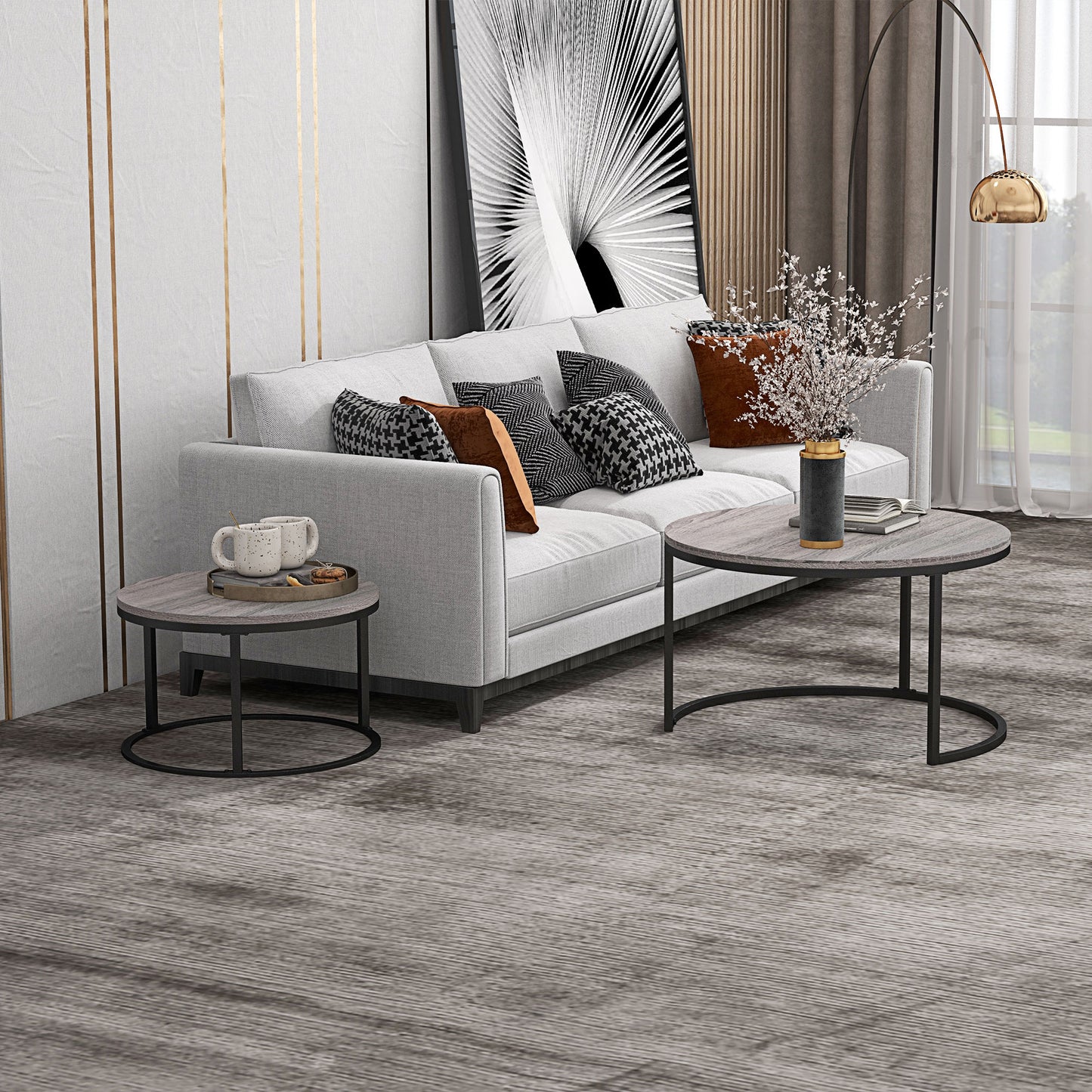 Industrial Nesting Coffee Table Set of 2, Round Coffee Tables, Living Room Table with Wood Effect Top and Steel Frame