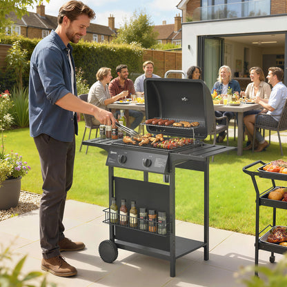 2 Burner Gas BBQ Grill | 1800cm² Enamel Grid | Side Tables | Warming Rack | Lid Thermometer | Grease Tray | UKCA | Black