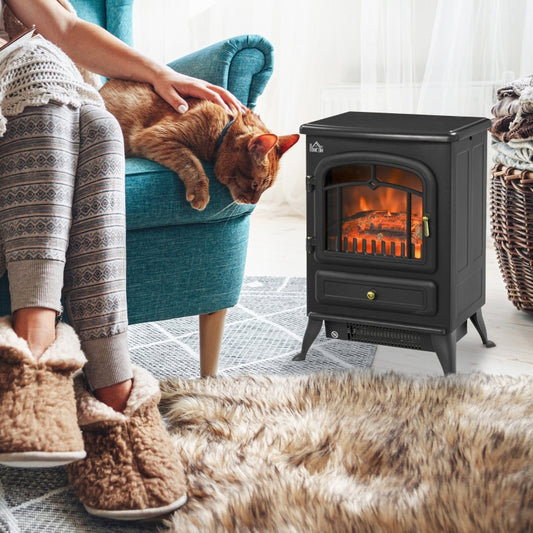 HOMCOM Freestanding Electric Fireplace Indoor Heater Glass View Log Wood Burning Effect Flame Portable Fireplace Stove 950/1850W