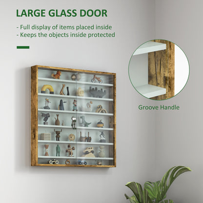 7-Tier Wall Display Shelf Unit Cabinet w/ 6 Adjustable Shelves Glass Doors Home Office Ornaments 83x80cm, Rustic Brown / Oak