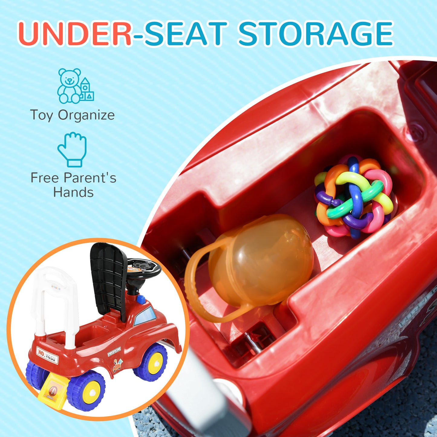 AIYAPLAY Toddlers Ride On Fire Truck Foot to Floor Design with Under Seat Storage, Steering Wheel, Music, Light, for 1.5-3 Years, Red