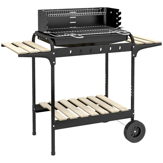 Charcoal Barbecue Grill with Adjustable Grill Height, Portable BBQ Trolley with Ash Catcher and Wheels for Outdoor Garden Party Cooking, Black