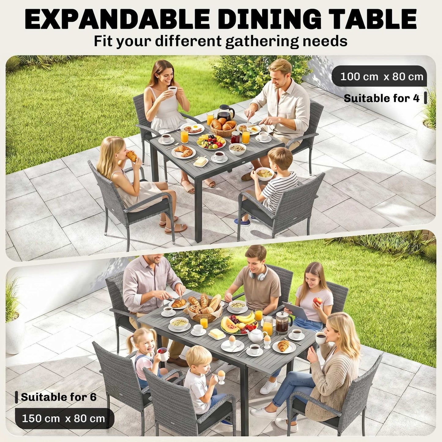 7-Piece Rattan Garden Furniture Set | 6 Seater | Extendable Acacia Wood Table 100-150cm | 6 Stackable High-Back Armchairs | Washable Cushion Covers | PE Rattan & Steel Frame | Light Grey