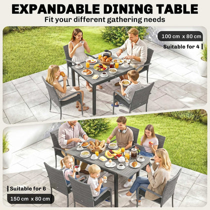 7-Piece Rattan Garden Furniture Set | 6 Seater | Extendable Acacia Wood Table 100-150cm | 6 Stackable High-Back Armchairs | Washable Cushion Covers | PE Rattan & Steel Frame | Light Grey