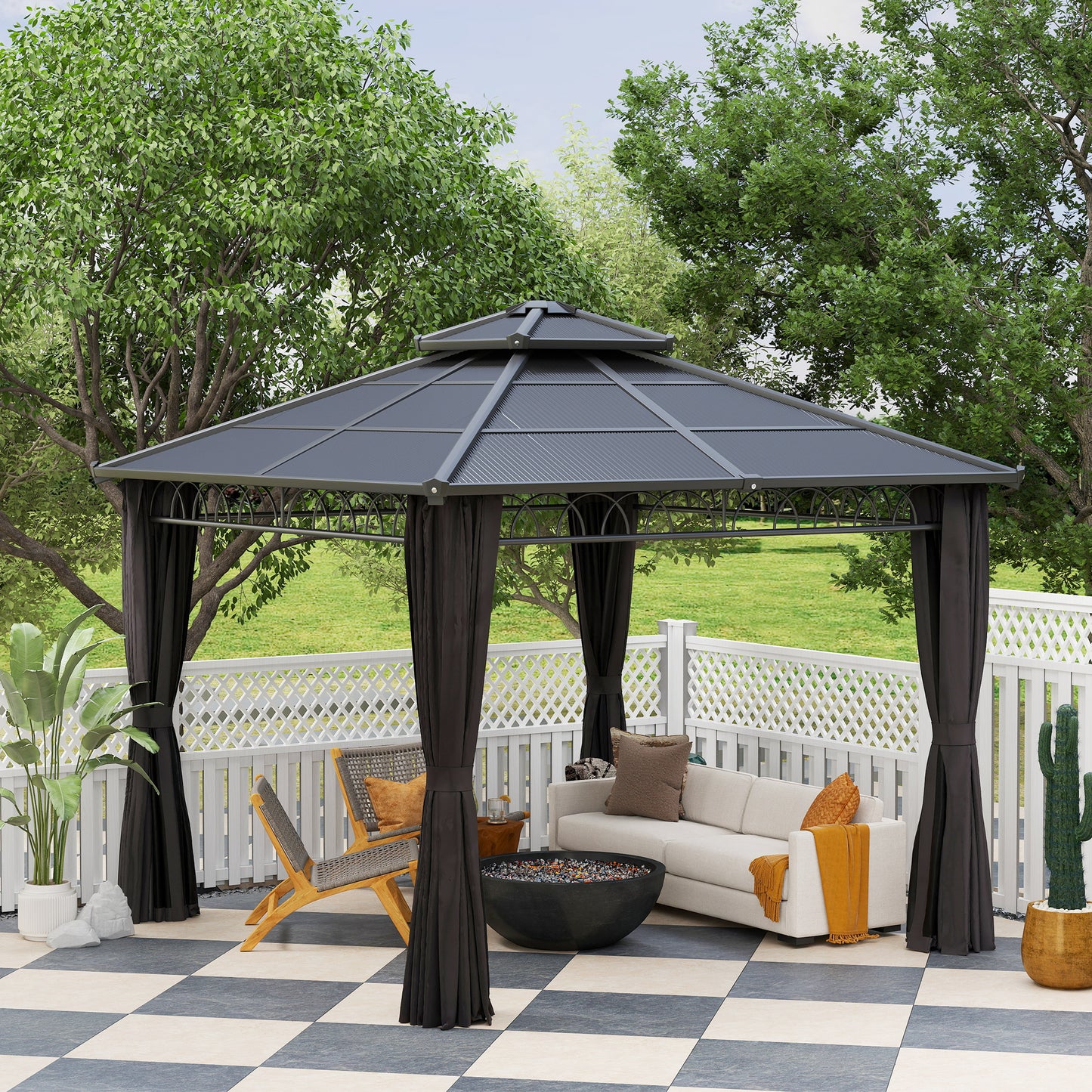 3 x 3 (m) Outdoor Polycarbonate Gazebo, Double Roof Hard Top Gazebo with Galvanised Steel Frame & Curtains for Garden, Lawn, Patio and Deck