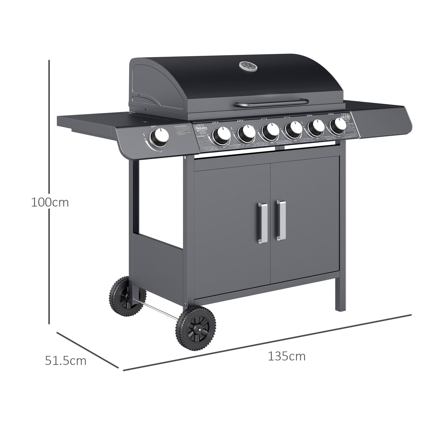 6+1 Burner Gas BBQ Grill, Outdoor Barbecue Trolley with Wheels, Warming Rack, Side Shelves, Cabinet, Thermometer for Garden, Party, Camping