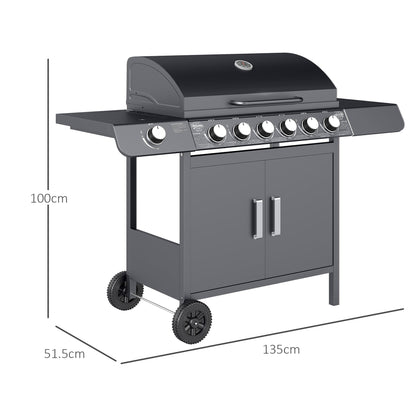 6+1 Burner Gas BBQ Grill, Outdoor Barbecue Trolley with Wheels, Warming Rack, Side Shelves, Cabinet, Thermometer for Garden, Party, Camping
