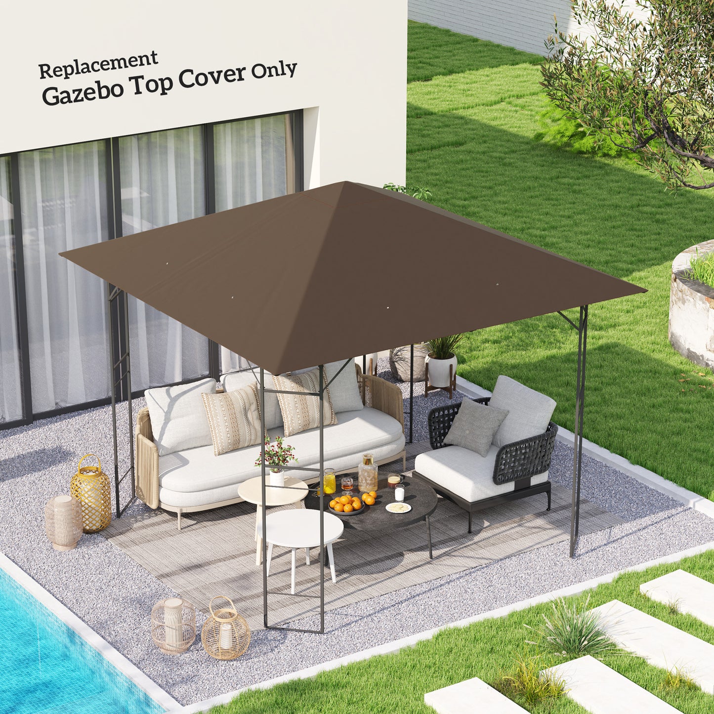 Outsunny 3 x 3(m) Gazebo Canopy Replacement Cover, Garden Gazebo Roof Replacement with Drain Holes, Water-resistant Plastic Coating, 370g/㎡, UPF30+, Brown