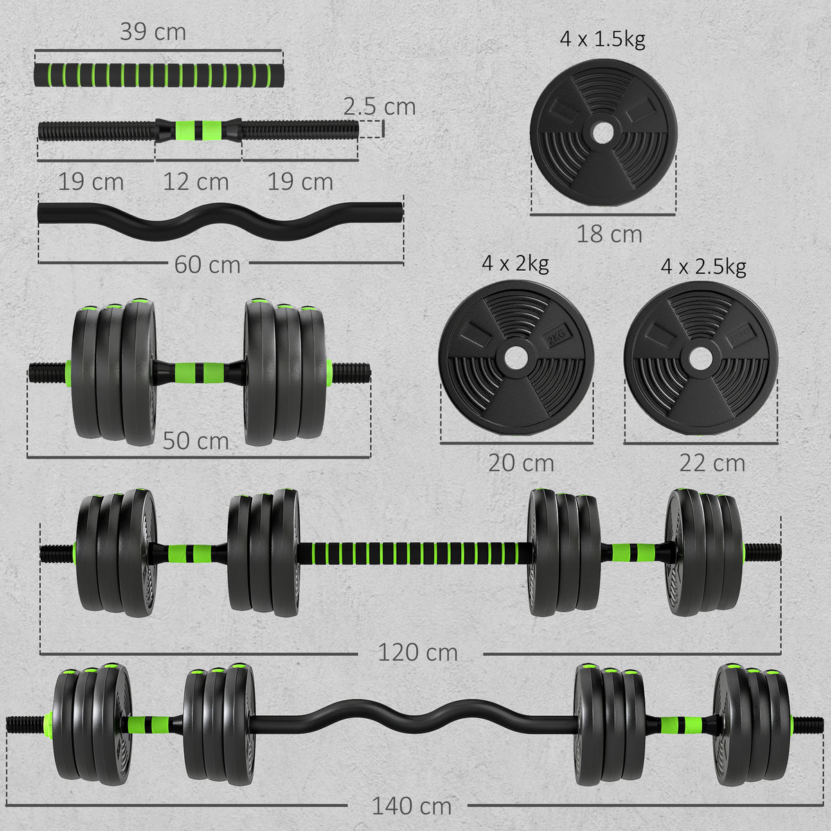 SPORTNOW 3-in-1 Adjustable Dumbbell Barbell & EZ Curl Bar Set | Black & Green | 15kg 20kg 25kg | Sand-Filled PVC Plates | Spinlock Collars | Non-Slip Handles | 2.5cm Hole | Home Gym