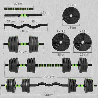 SPORTNOW 3-in-1 Adjustable Dumbbell Barbell & EZ Curl Bar Set | Black & Green | 15kg 20kg 25kg | Sand-Filled PVC Plates | Spinlock Collars | Non-Slip Handles | 2.5cm Hole | Home Gym
