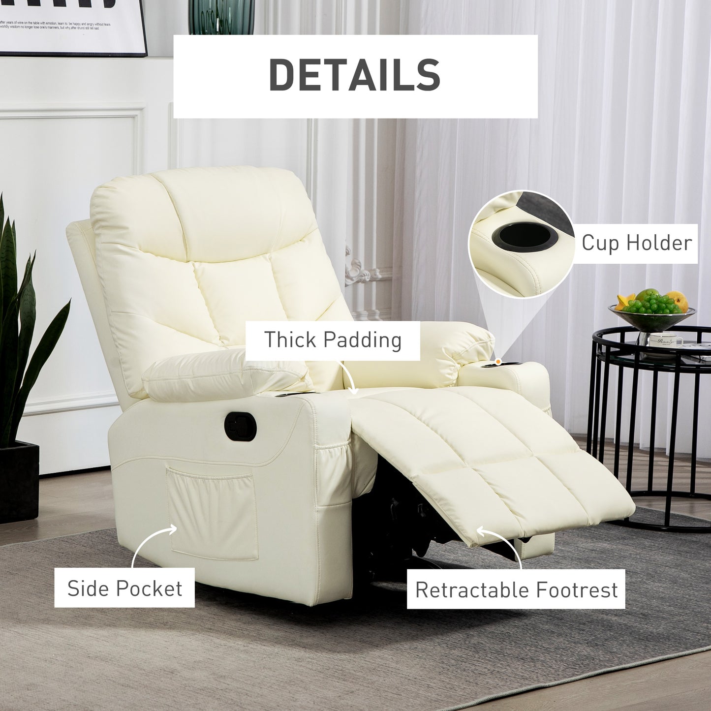 Manual Reclining Chair, Recliner Armchair with Swivel, Faux Leather, Footrest, Cup Holders, 86x93x102cm, Cream