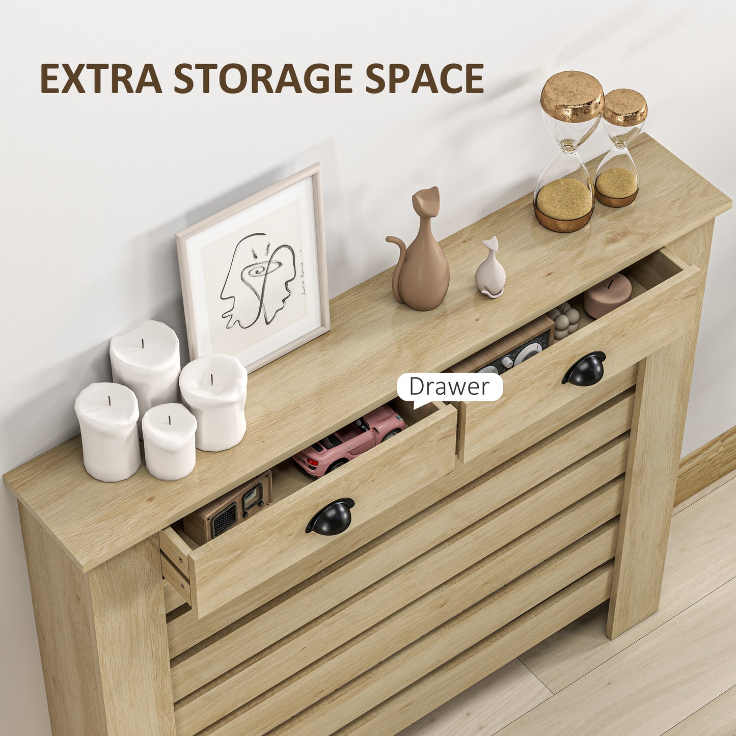 MDF & Particle Board Radiator Cover with 2 Drawers | Slatted Design | Skirting Board Cut-Outs | Easy-Fix Clips | Wood-Effect Top | 4kg Per Drawer | 111x19x95.5cm | Oak