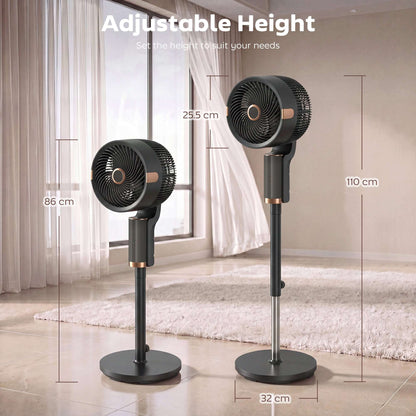 Pedestal Standing Fan | 20dB Sleep Mode | 8 Speeds | 9.5m³/min Airflow | 3D Oscillation | Aromatherapy Pad | Blue Mood Light | Detachable Grill | 5m Remote | 12H Timer | 50W | 110cm | Black & Gold